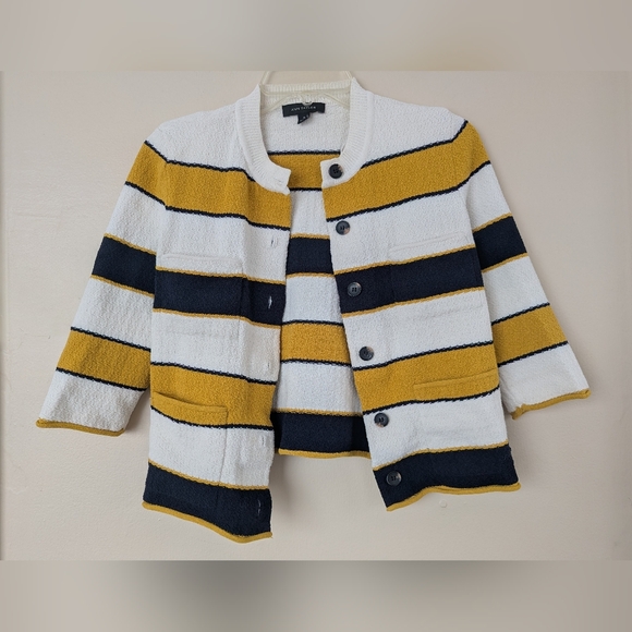 Ann Taylor Striped Nautical Cardigan Sweater, Yellow, White, & Black (SIZE S) - Picture 3 of 13